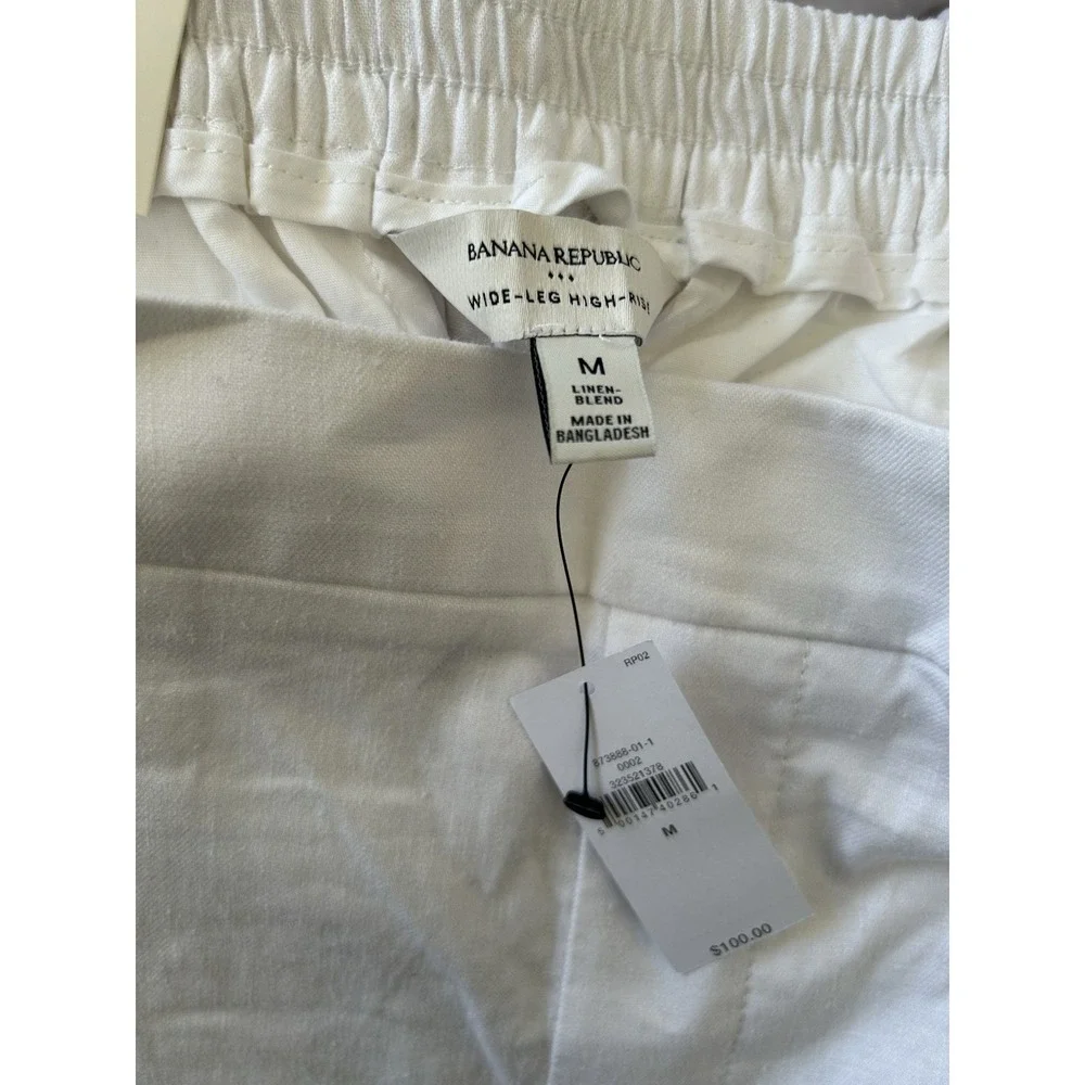 NWT Banana Republic White Linen Wide Leg High Rise Pull On Pants Sz M Coastal